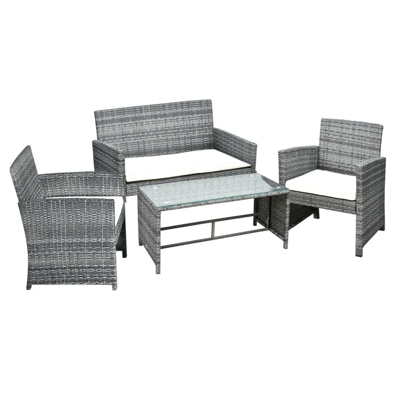 Outsunny Ensemble Salon de Jardin 4 Places : canapé, 2 fauteuils et Table Basse Plateau Verre trempé résine tressée Imitation rotin Gris Coussins Crème