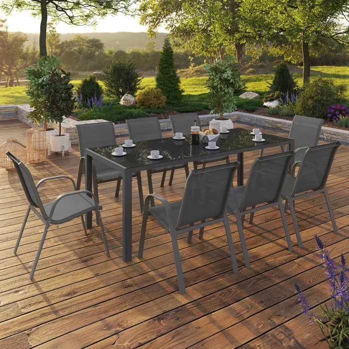 Salon de jardin MADRID – Table 190 cm et 8 chaises empilables